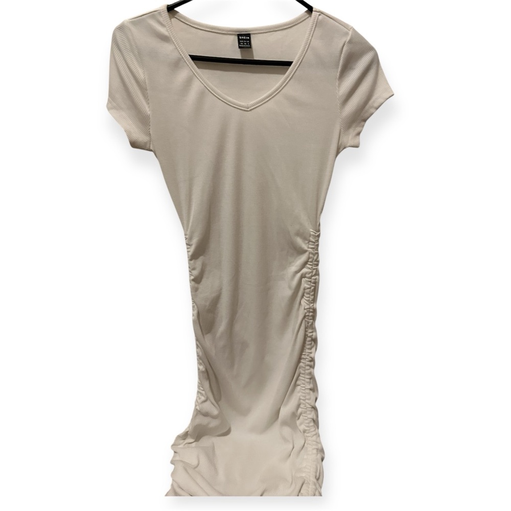 White V-Neck Ruched Dress